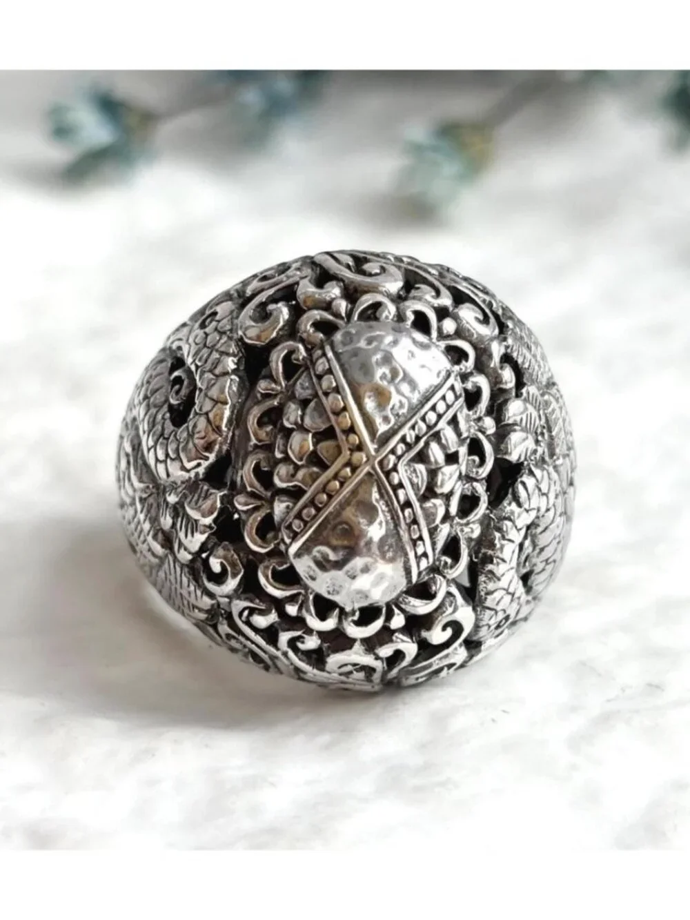 Sarda Signed Domed Swan Carved Beaded Sterling Silver 925 Vintage Ring - sz 8